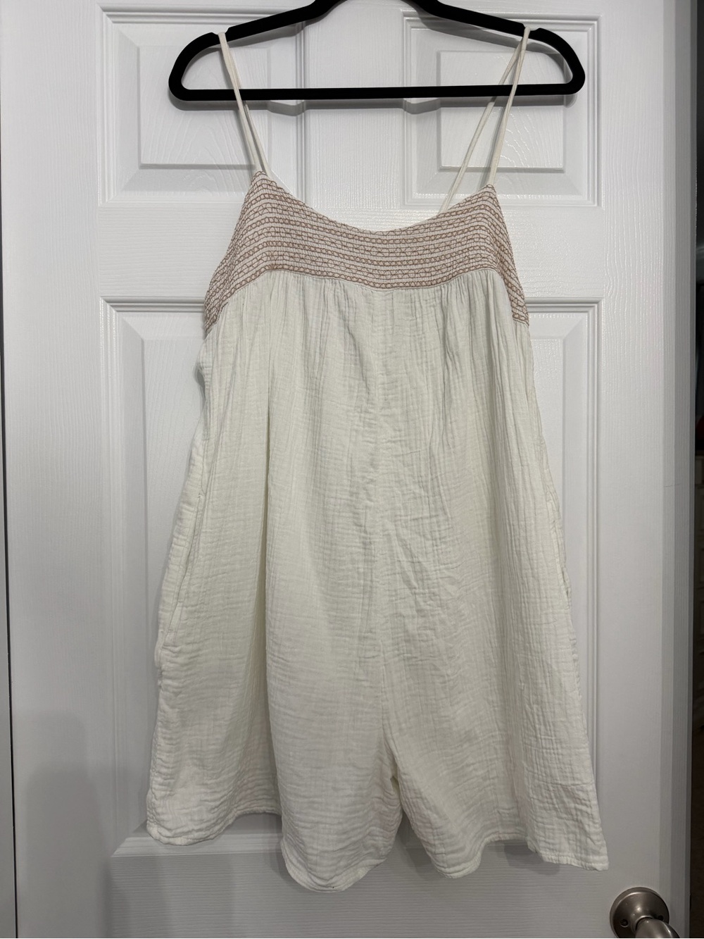 Off White Gauze Romper with Crochet Yoke
